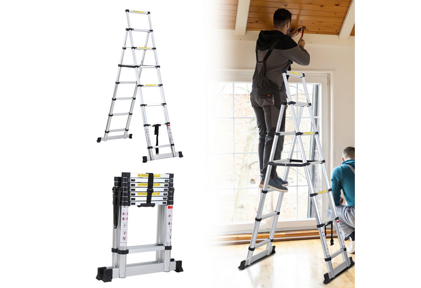 Clanmacy Teleskopleiter Aluminium Teleskopleiter 2,3M Silber, Leiter Ausziehbar Klappleiter, M (Teleskopleiter,Anlegeleiter,Klappleiter,Schiebeleiter, Hochleistungs-Teleskopleiter, Hochwertiges Aluminiummaterial), Mühelose Portabilität Unabhängige Verriegelung Narrensicherer Betrieb Bild 5
