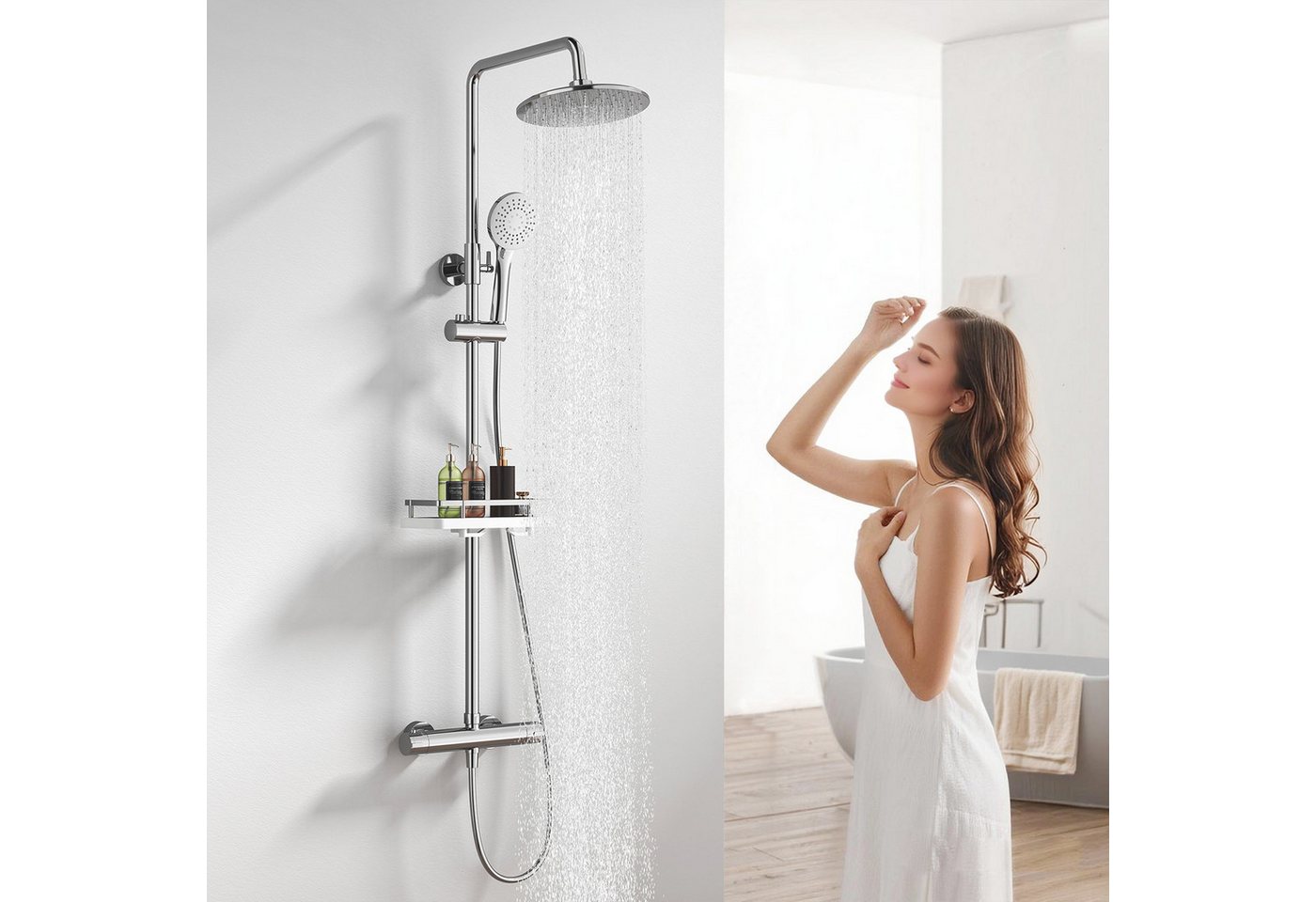 HOMELIVE Duschsystem mit Thermostat und Duschablage - Duscharmatur Komplettset, mit runder Regendusche, 3-Strahl-Handbrause,Chrom Bild 4