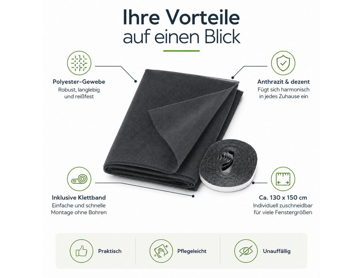 Testrut Fliegengitter-Gewebe Fliegengitter 130 x 150 cm Anthrazit mit Klettband, (1-St)