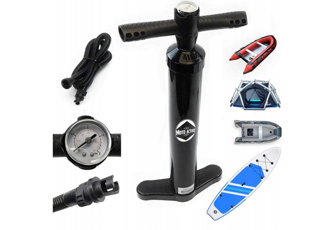 Moto Active SUP-Pumpe SUP Handpumpe Doppelhub Manometer Luftpumpe Boot Kajak Matratze (Handpumpe Doppelhub für SUP Boot Kajak, 1-tlg., 2-Wege), Manometer bis 25 PSI