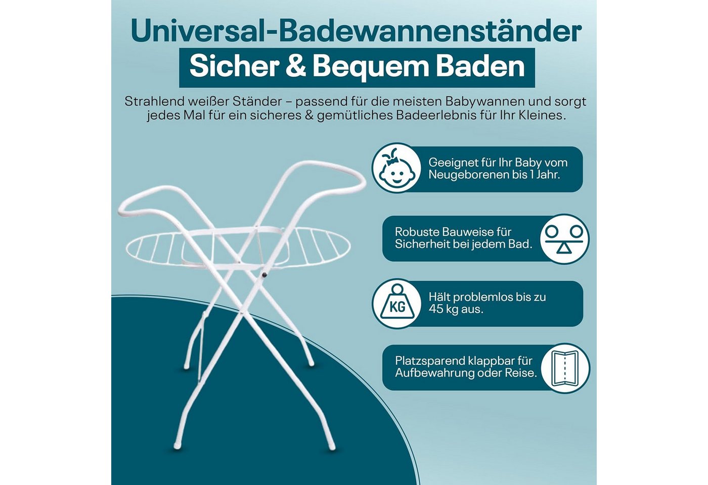 Best for Kids Babybadewanne Universeller Badewannenständer 84 cm – Sicherer, faltbarer Badeständer, (Einzelteil, 1-tlg), Rückenschonendes Design, stabiler Stahlrahmen Bild 2