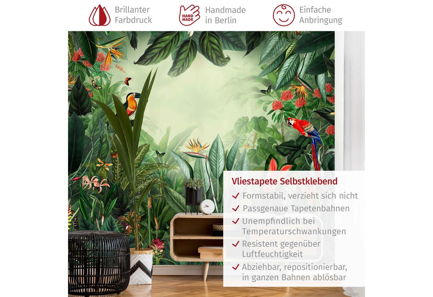 Bilderdepot24 Vliestapete Vintage Bunter Dschungel 3D-Effekt Vogel Papagei Tropisch, Glatt, Matt, (Vliestapete inkl. Kleister oder selbstklebend), Wohnzimmer Schlafzimmer Küche Flur Fototapete Motivtapete Wandtapete