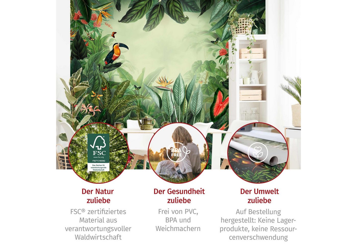 Bilderdepot24 Vliestapete Vintage Bunter Dschungel 3D-Effekt Vogel Papagei Tropisch, Glatt, Matt, (Vliestapete inkl. Kleister oder selbstklebend), Wohnzimmer Schlafzimmer Küche Flur Fototapete Motivtapete Wandtapete Bild 2