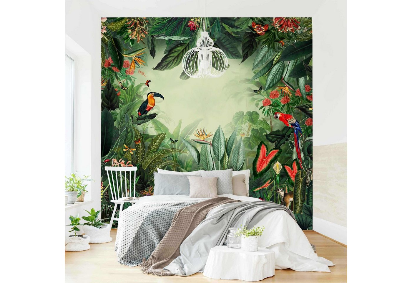 Bilderdepot24 Vliestapete Vintage Bunter Dschungel 3D-Effekt Vogel Papagei Tropisch, Glatt, Matt, (Vliestapete inkl. Kleister oder selbstklebend), Wohnzimmer Schlafzimmer Küche Flur Fototapete Motivtapete Wandtapete Bild 3