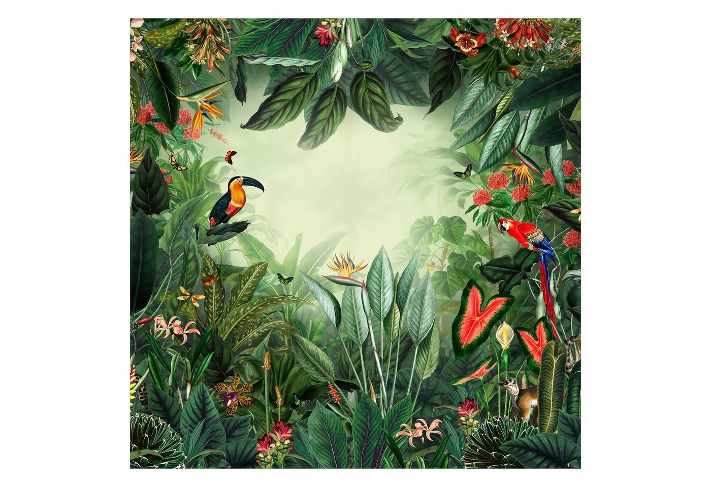 Bilderdepot24 Vliestapete Vintage Bunter Dschungel 3D-Effekt Vogel Papagei Tropisch, Glatt, Matt, (Vliestapete inkl. Kleister oder selbstklebend), Wohnzimmer Schlafzimmer Küche Flur Fototapete Motivtapete Wandtapete Bild 4