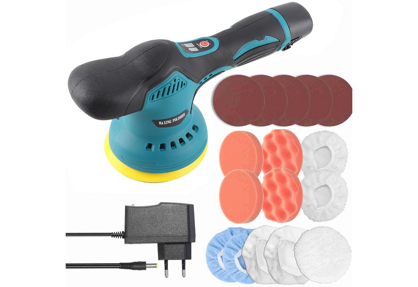 GARRYFIZH Akku-Poliermaschine Akku-Exzenterpoliermaschine 12V 125mm Auto Polierer Set mit EU-Stecker, 2800 min. U/min, 5500 max. U/min, Ø 125 mm, 380 W Hochleistungsmotor aus Kupfer, Drehzahl: 2800-5500 U/min Bild 5