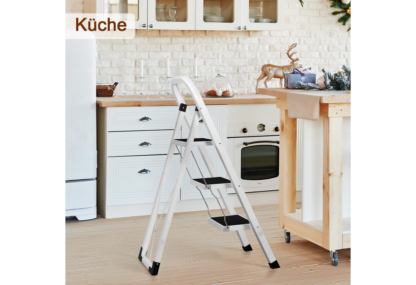 AMHANCIBLE Trittleiter 3-stufige Klapptrittleiter in Weiß, belastbar bis 150 kg (1-St), platzsparend & rutschfest, für Haushalt, Küche & Büro Bild 4
