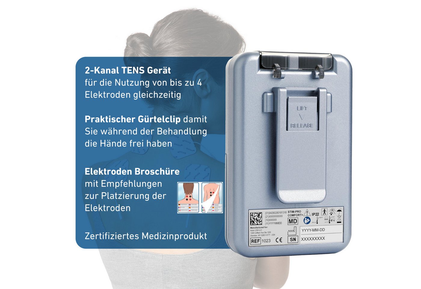 Axion TENS-Gerät axion® 2 Kanal STIM-PRO COMFORT gegen Schmerzen, mit 9V Li-Ion Akku, Medizinprodukt nach MDR (EU) 2017/745