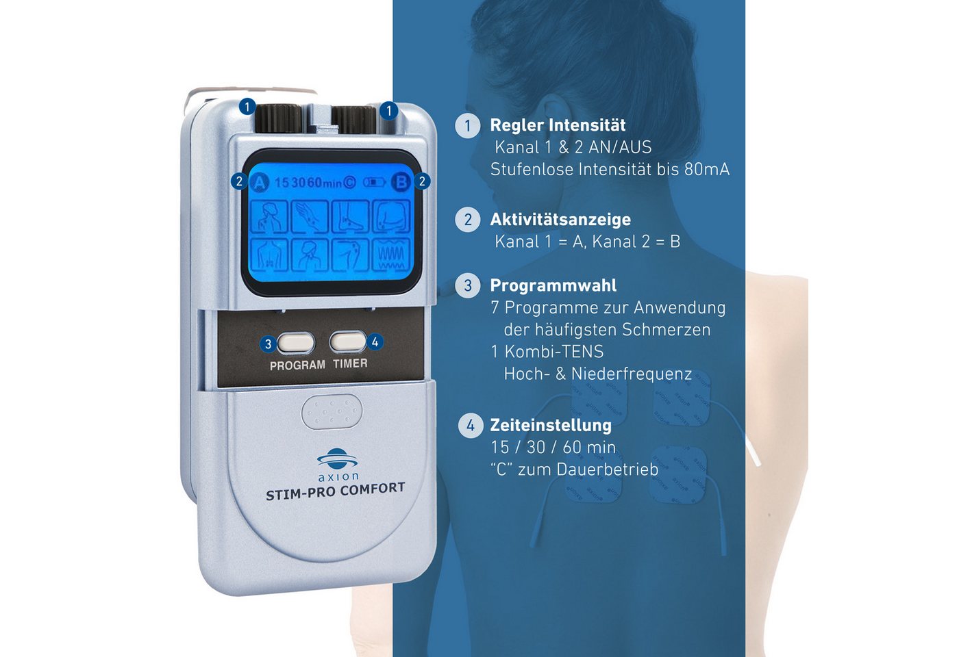 Axion TENS-Gerät axion® 2 Kanal STIM-PRO COMFORT gegen Schmerzen, mit 9V Li-Ion Akku, Medizinprodukt nach MDR (EU) 2017/745 Bild 4