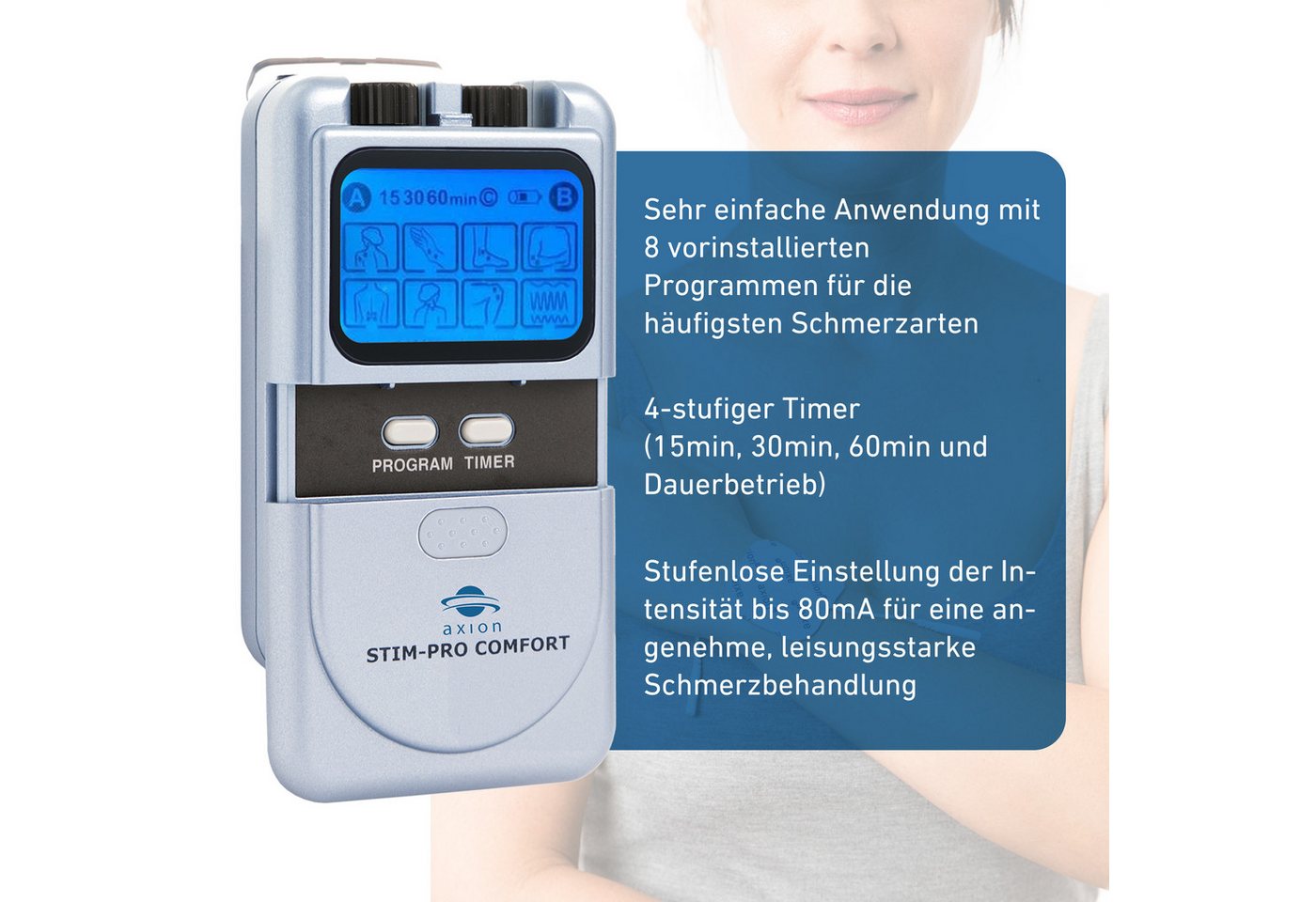 Axion TENS-Gerät axion® 2 Kanal STIM-PRO COMFORT gegen Schmerzen, mit 9V Li-Ion Akku, Medizinprodukt nach MDR (EU) 2017/745 Bild 5