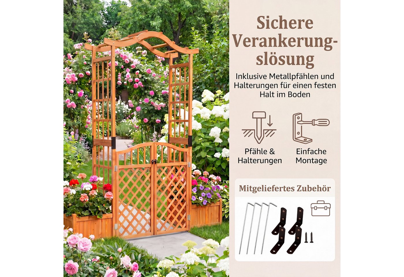 KOMFOTTEU Rosenbogen, Gartenbogen mit 2 Blumenkasten & Doppeltüren