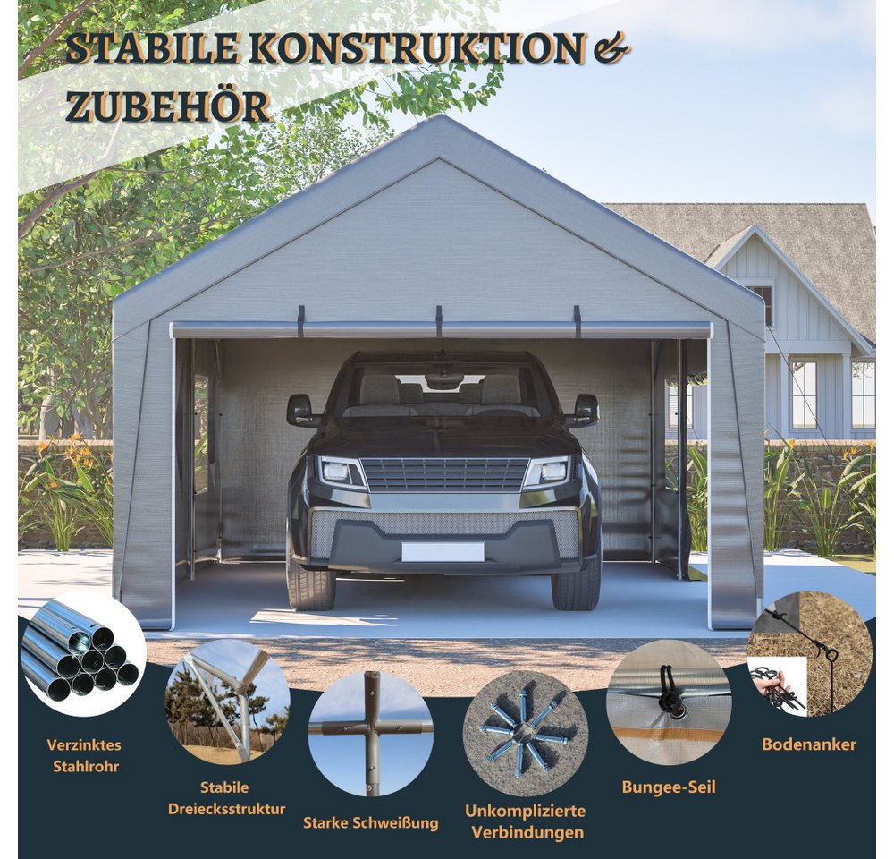 BBWL Einzelcarport mit verzinktem Stahlrahmen, UV-Schutz, Rolltoren und Fenstern, BxT: 396x611 cm, Allwetter Zeltgarage 6x4x3 m mit wasserdichter PE-Plane