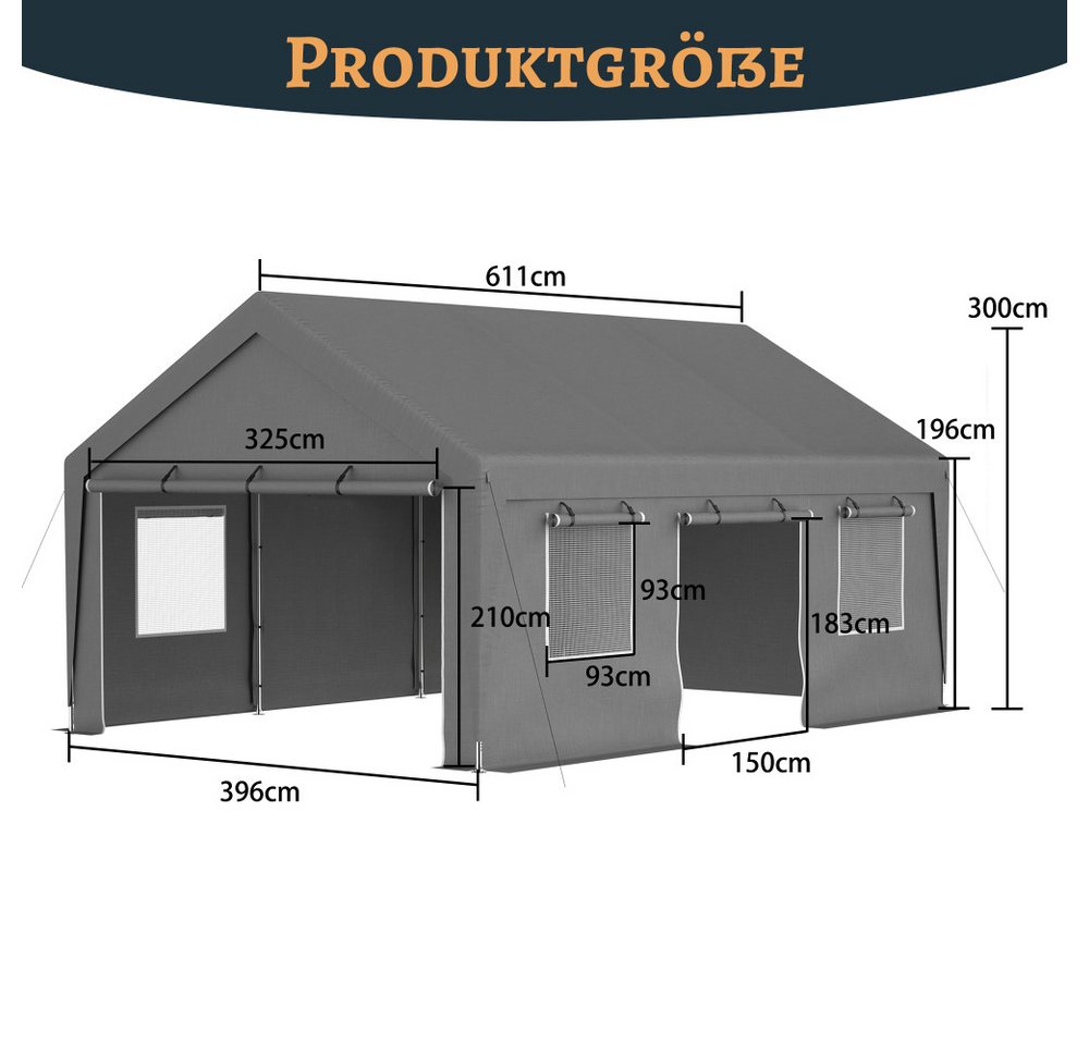 BBWL Einzelcarport mit verzinktem Stahlrahmen, UV-Schutz, Rolltoren und Fenstern, BxT: 396x611 cm, Allwetter Zeltgarage 6x4x3 m mit wasserdichter PE-Plane Bild 2
