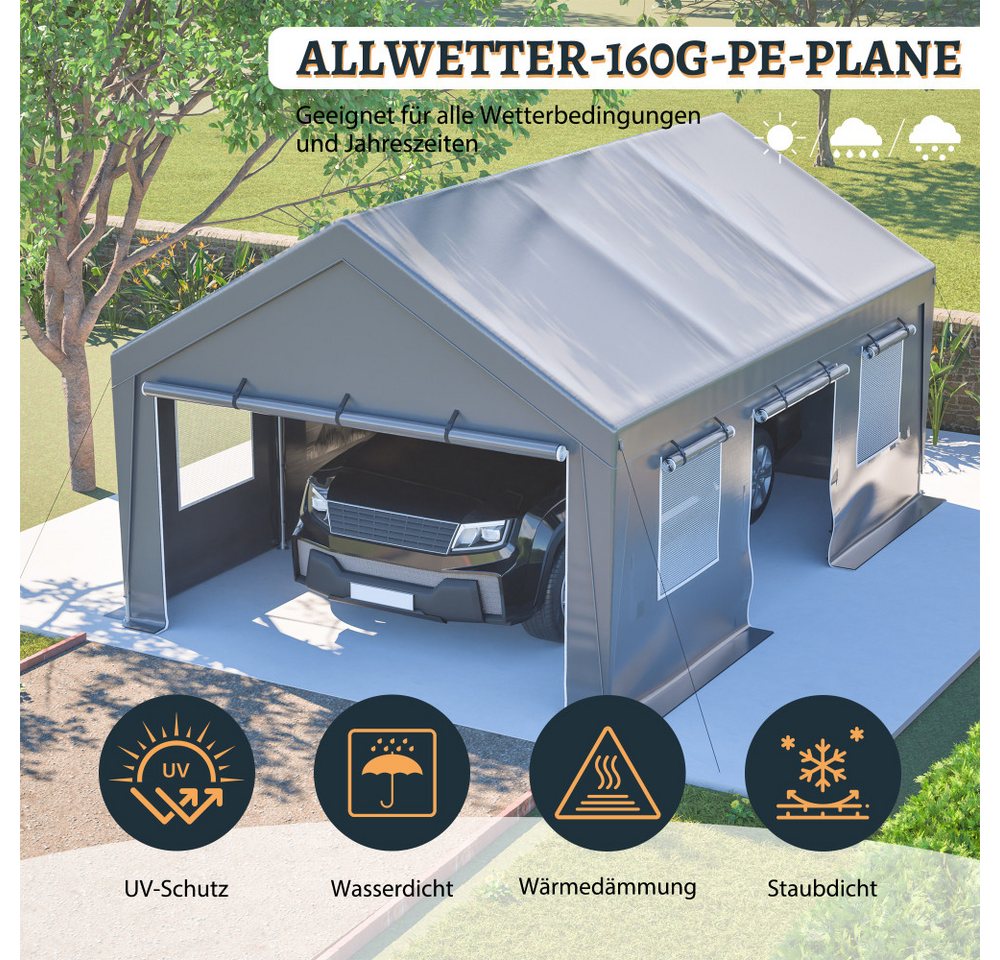 BBWL Einzelcarport mit verzinktem Stahlrahmen, UV-Schutz, Rolltoren und Fenstern, BxT: 396x611 cm, Allwetter Zeltgarage 6x4x3 m mit wasserdichter PE-Plane Bild 5