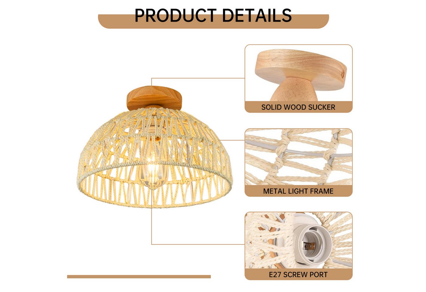 JDONG Deckenleuchte Rattan Boho Lampenschirm D30CM*H22CM, ohne Leuchtmittel, Beleuchtung, Deckenlampe E27 Beige Schlafzimmerlampe,Vintage, Dekoration für Wohnzimmer, Flur, Bar, Restaurant (Cremeweiß)