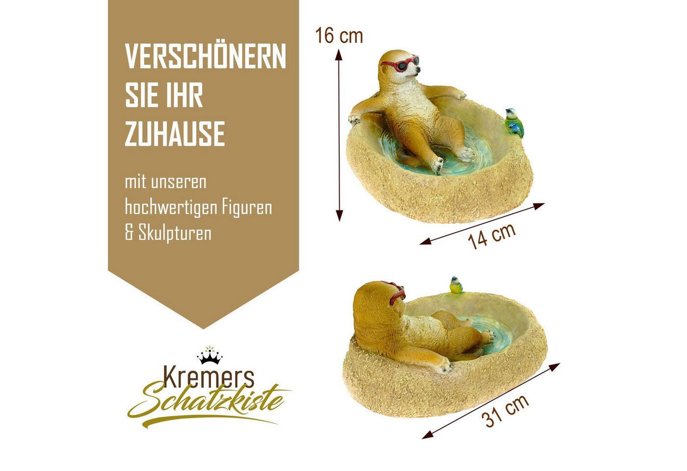 Kremers Schatzkiste Gartenfigur Erdmännchen Eddy Vogeltränke Gartenfigur 31cm Deko Bild 2
