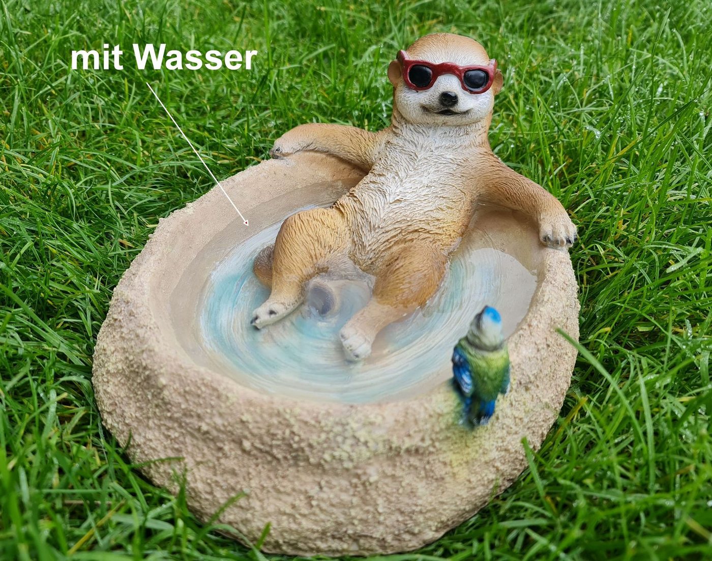 Kremers Schatzkiste Gartenfigur Erdmännchen Eddy Vogeltränke Gartenfigur 31cm Deko Bild 3