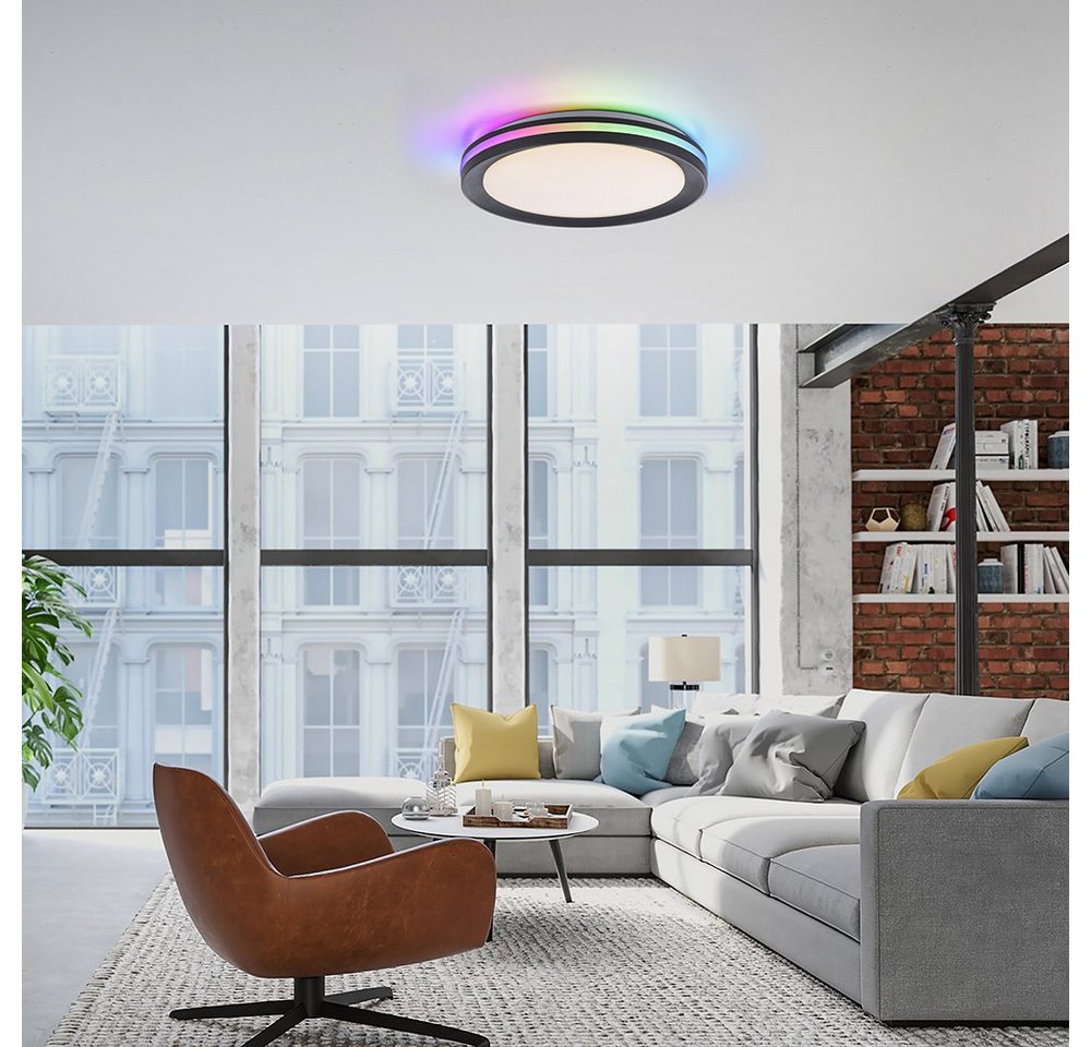 SellTec LED Deckenleuchte LED Deckenleuchte GANGES, 1xLED-Board/17W/2700-5000K, 1xLED-Board/3W/RGB, warmweiß bis tageslichtweiß, 40 cm rund schwarz RGB CCT Lichtwechsel Bild 5