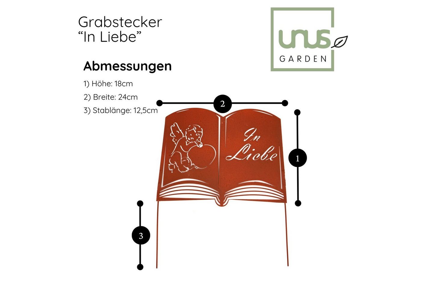 UNUS GARDEN Gartenstecker Grabstecker Rostoptik Buch (1-St., In Liebe) Grab, Trauerschmuck, Trauerdeko, Grabschmuck, Grabgesteck