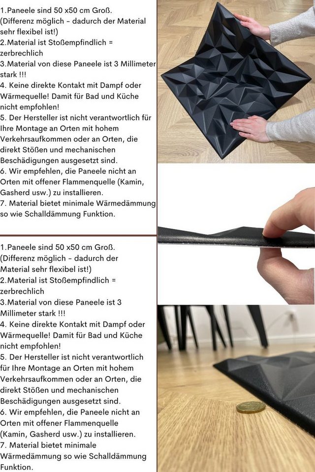 IKHEMalarka 3D Wandpaneel aus Polystyrol Styropor XPS, BxL: 50,00x50,00 cm, 0,25 qm, (72-tlg) 3D Paneelen für Decken & Wand 50x50cm Bild 5