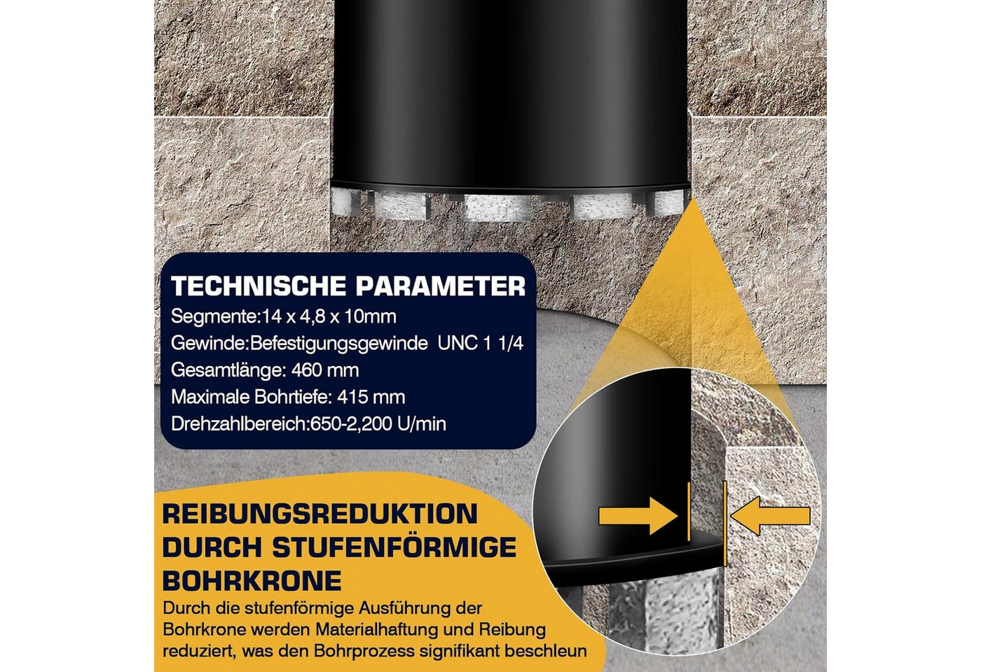 XERSEK Lochsäge Diamantbohrkrone mit SDS Max Kernbohrer Dosensenker Bohrkronen L 460mm, Ø 32 mm, Diamant Bohrkrone für Kernbohrgeräte, 10 mm Turbo Kernbohrkrone, Nassbohrkrone Trockenbohrkrone zum Beton, Stahlbeton, Mauerwerk, Stein Bild 2