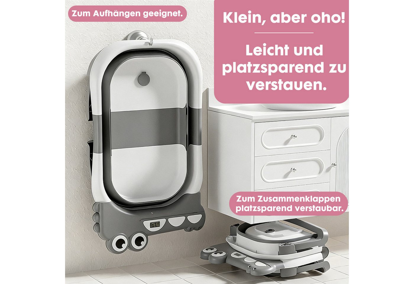 AIMAX Babybadewanne Faltbar Baby Badewanne mit Rutschfestem Badekissen & Badethermometer, (PP&TPE Babywanne XXL mit Rutschfester Matte, Baby Badewannensitz, 1-tlg), Baby Bathtub für 0-3 Jahre Neugeborene Geschenk für Mädchen & Jungen
