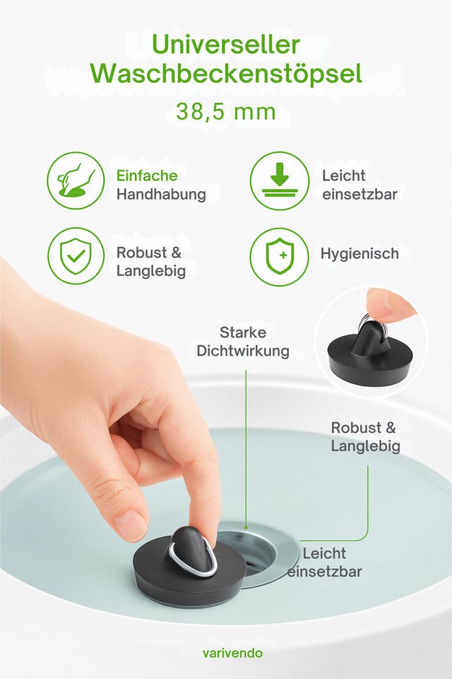 varivendo Waschbeckenstöpsel 2er Set Abflussstöpsel 38,5 mm Universal Schwarz, Ø 0 cm Bild 4