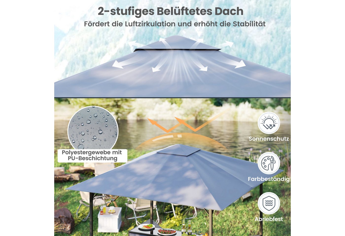 COSTWAY Grillpavillon, 3-teiliges Terrassen-Set mit 2 Barhockern, 245x245cm