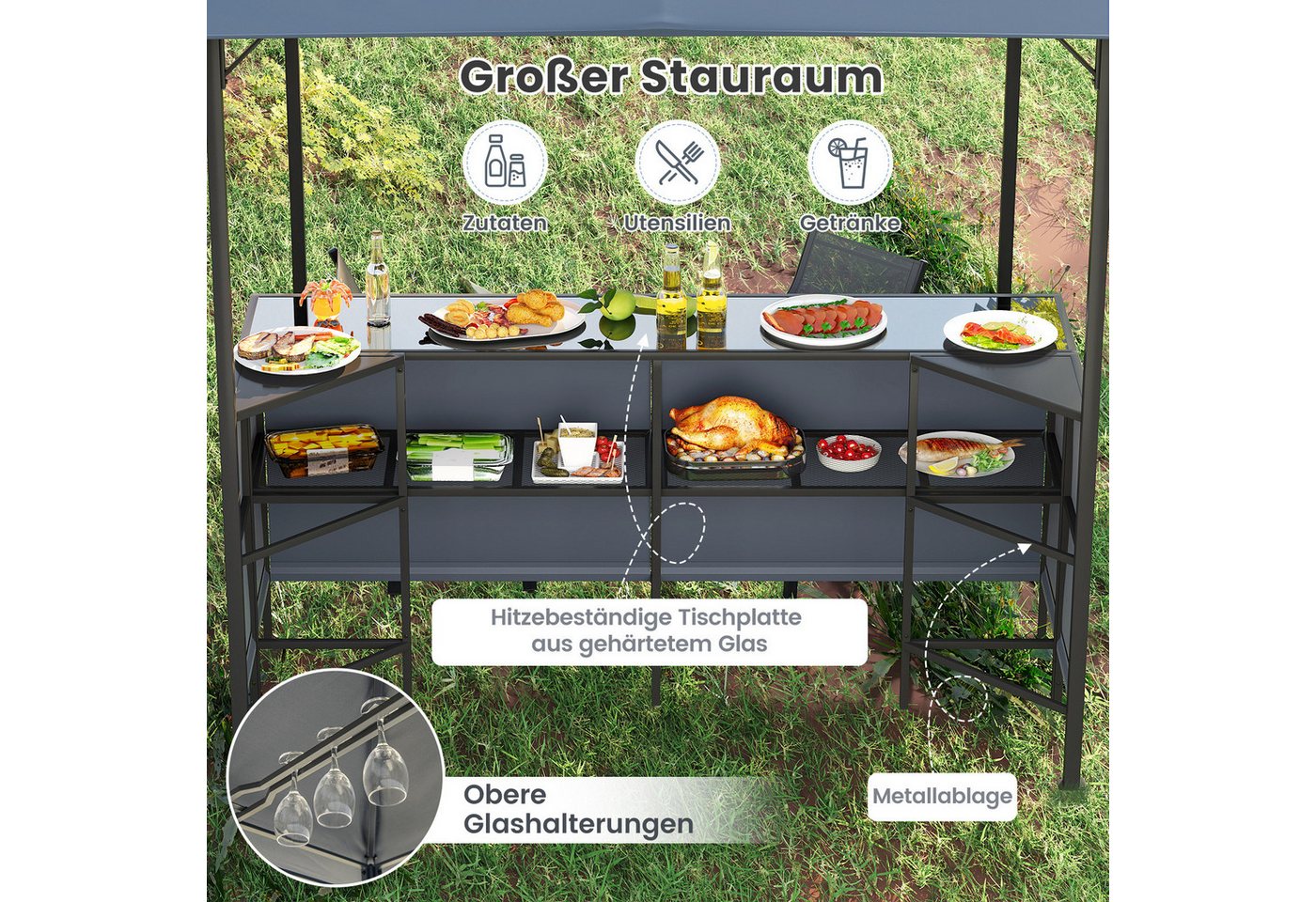 COSTWAY Grillpavillon, 3-teiliges Terrassen-Set mit 2 Barhockern, 245x245cm Bild 2