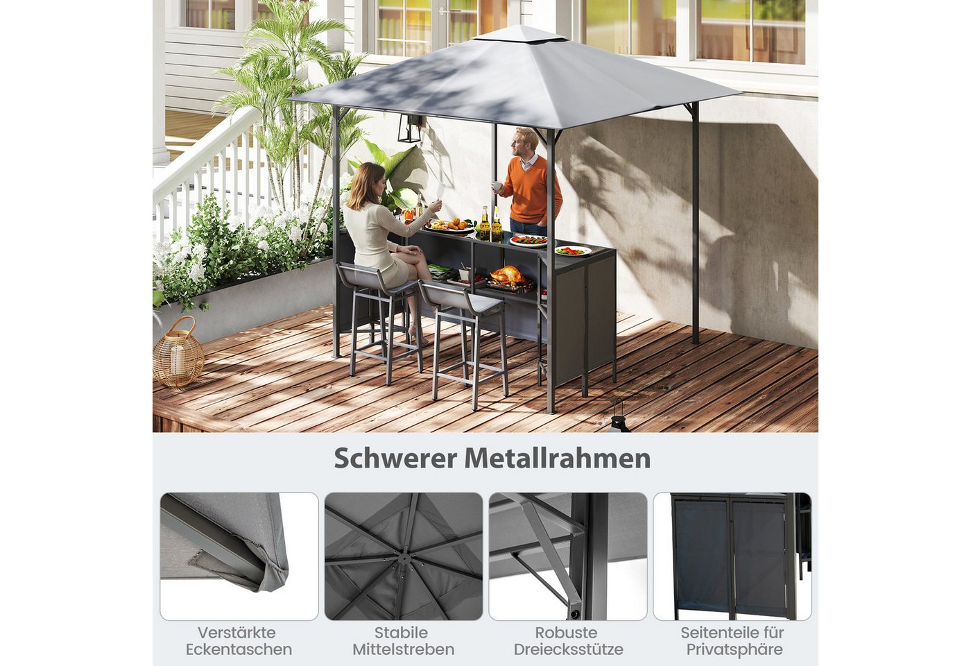 COSTWAY Grillpavillon, 3-teiliges Terrassen-Set mit 2 Barhockern, 245x245cm Bild 3