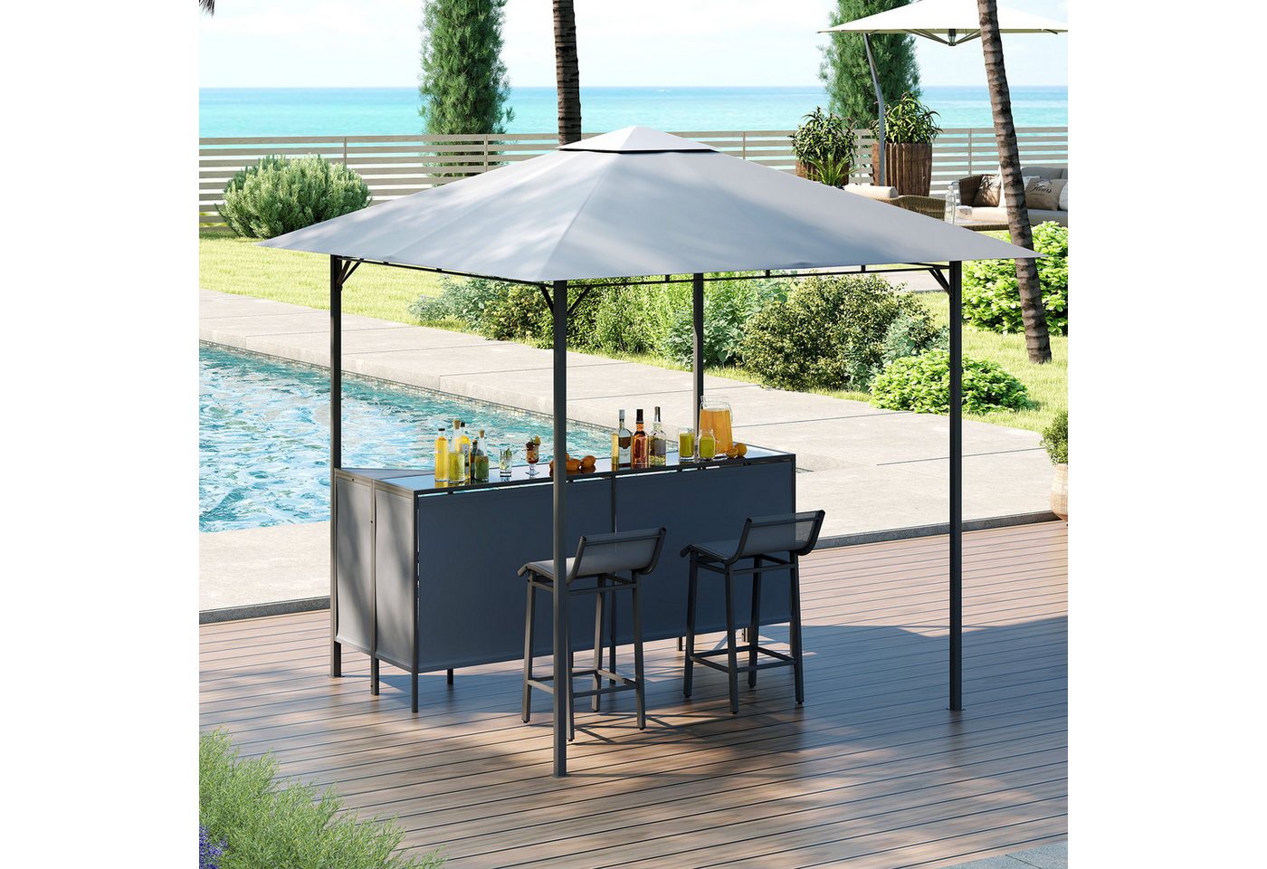 COSTWAY Grillpavillon, 3-teiliges Terrassen-Set mit 2 Barhockern, 245x245cm Bild 4