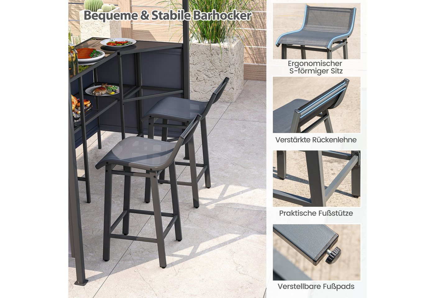 COSTWAY Grillpavillon, 3-teiliges Terrassen-Set mit 2 Barhockern, 245x245cm Bild 5