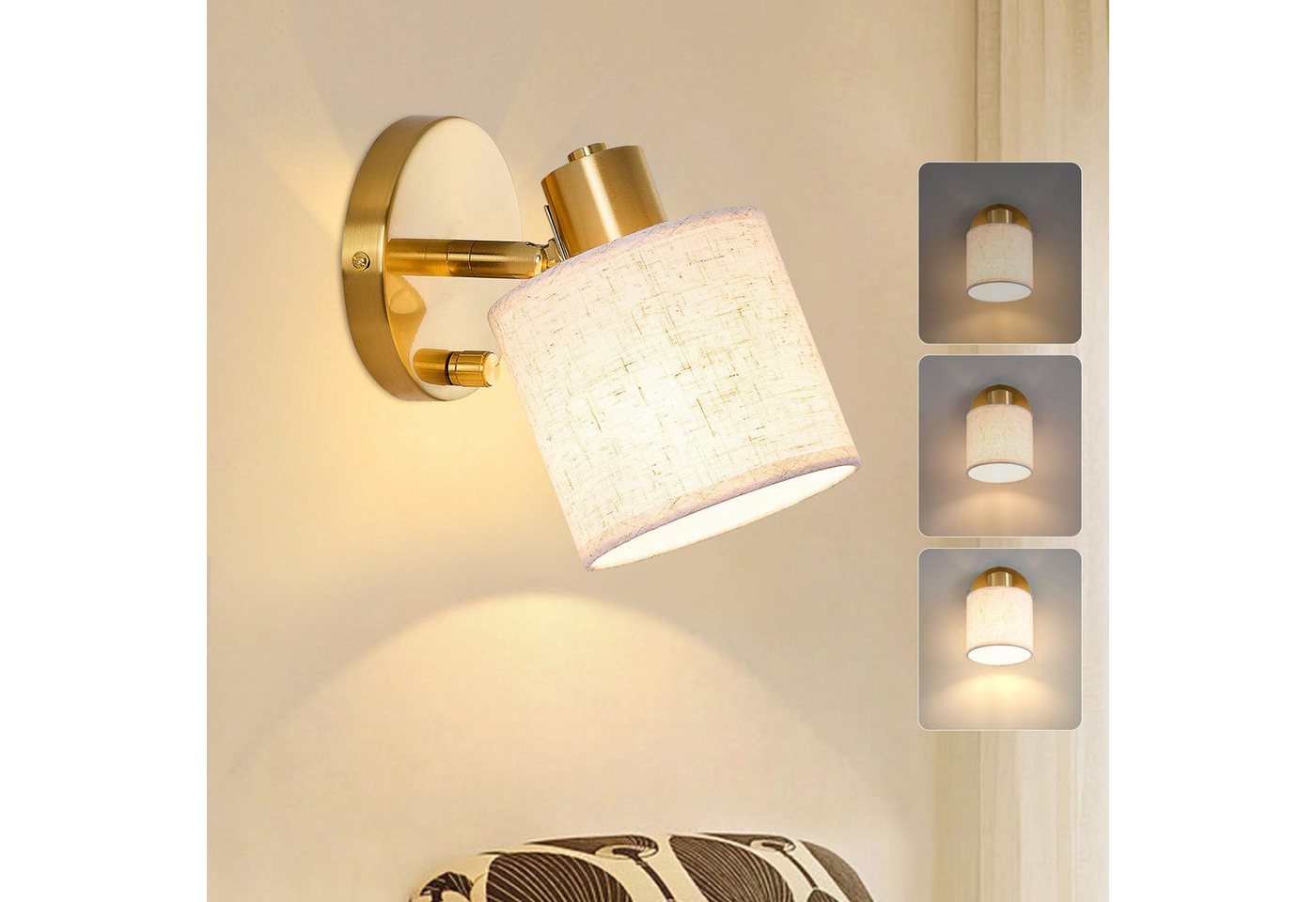 Rosnek LED Wandleuchte Wandlampe innen dimmbar mit Schalter E27 40W inkl. Leuchtmittel, LED wechselbar, Wandleuchte mit beige Leinenschirm für Schlafzimmer Wohnzimmer Flur