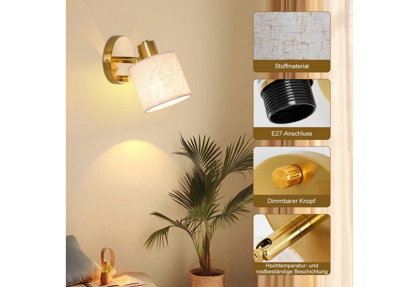 Rosnek LED Wandleuchte Wandlampe innen dimmbar mit Schalter E27 40W inkl. Leuchtmittel, LED wechselbar, Wandleuchte mit beige Leinenschirm für Schlafzimmer Wohnzimmer Flur Bild 2