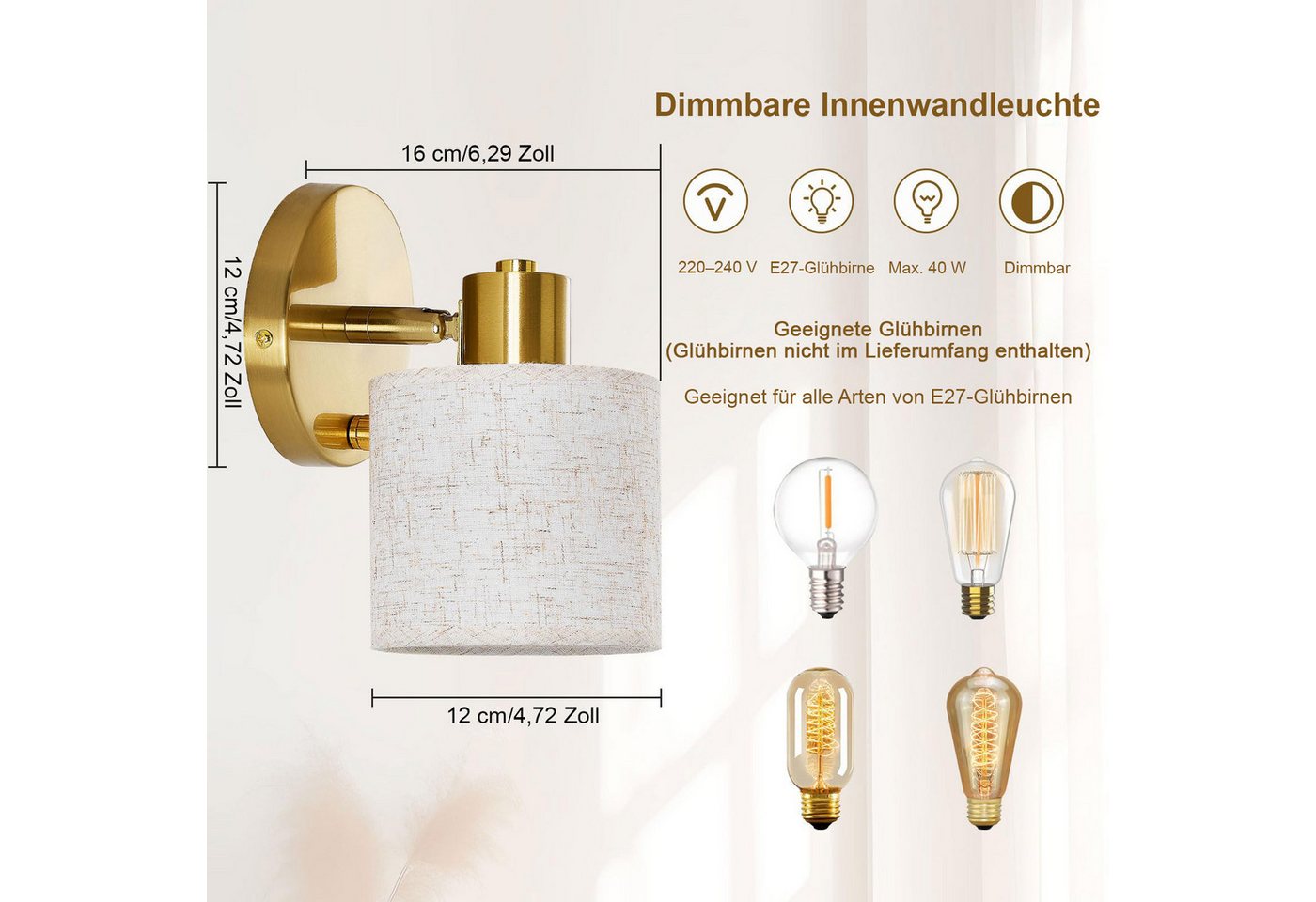 Rosnek LED Wandleuchte Wandlampe innen dimmbar mit Schalter E27 40W inkl. Leuchtmittel, LED wechselbar, Wandleuchte mit beige Leinenschirm für Schlafzimmer Wohnzimmer Flur Bild 3