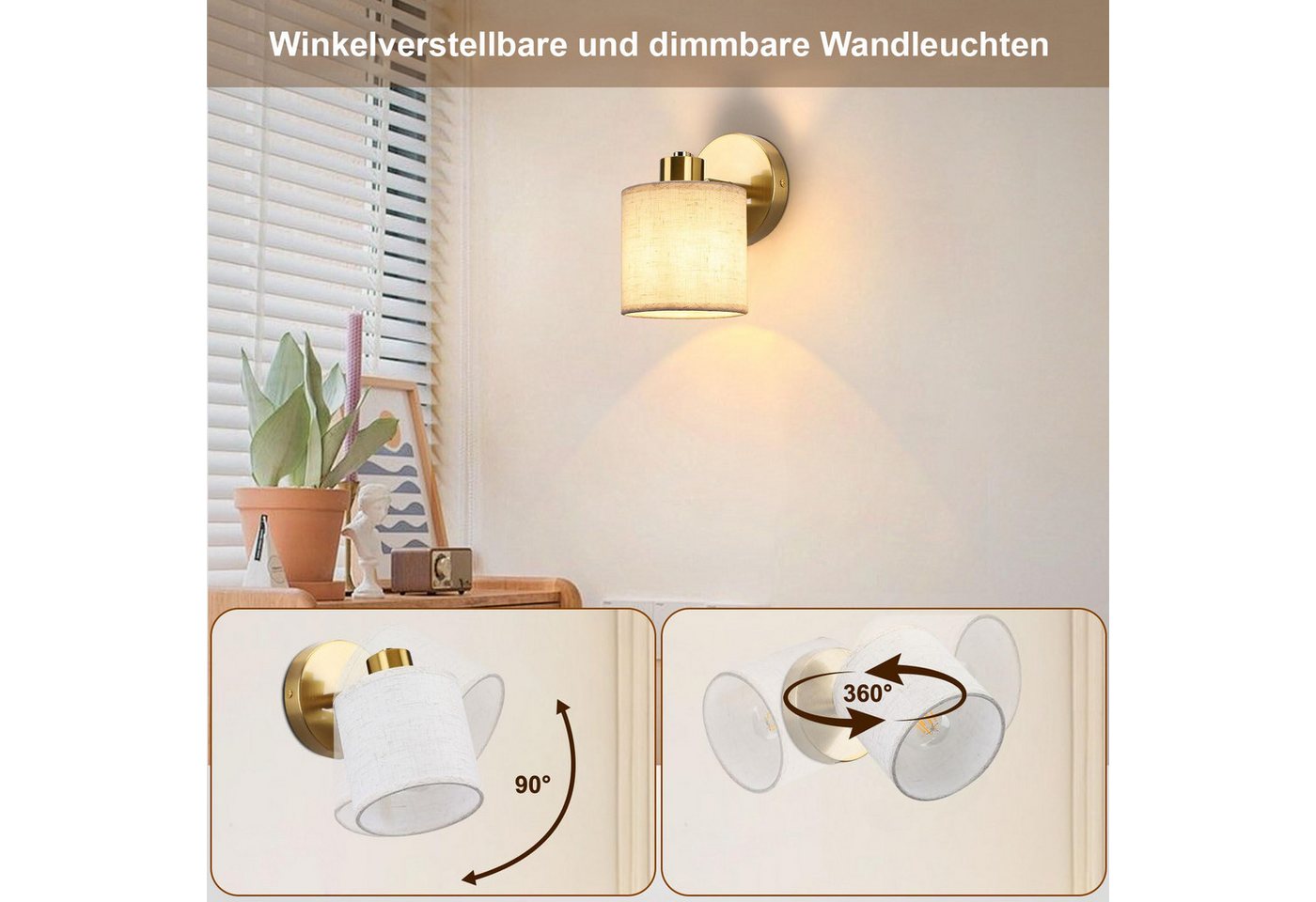 Rosnek LED Wandleuchte Wandlampe innen dimmbar mit Schalter E27 40W inkl. Leuchtmittel, LED wechselbar, Wandleuchte mit beige Leinenschirm für Schlafzimmer Wohnzimmer Flur Bild 4