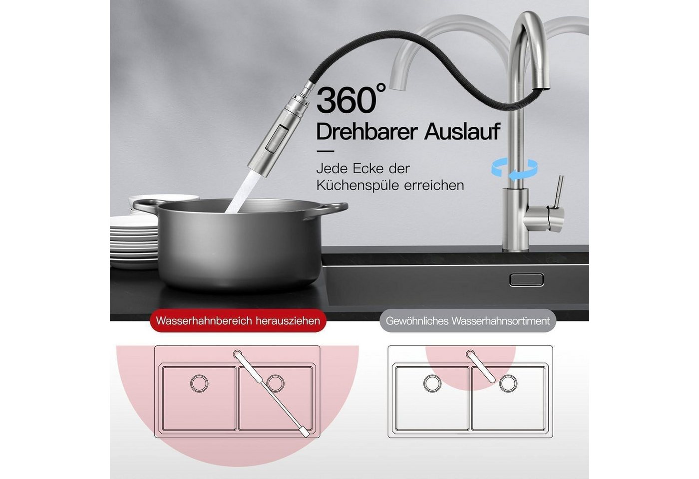 LuxusKollektion Küchenarmatur Küchenwasserhahn Ausziehbar Einhebel Edelstahl Gebürstet Chrom Bild 3