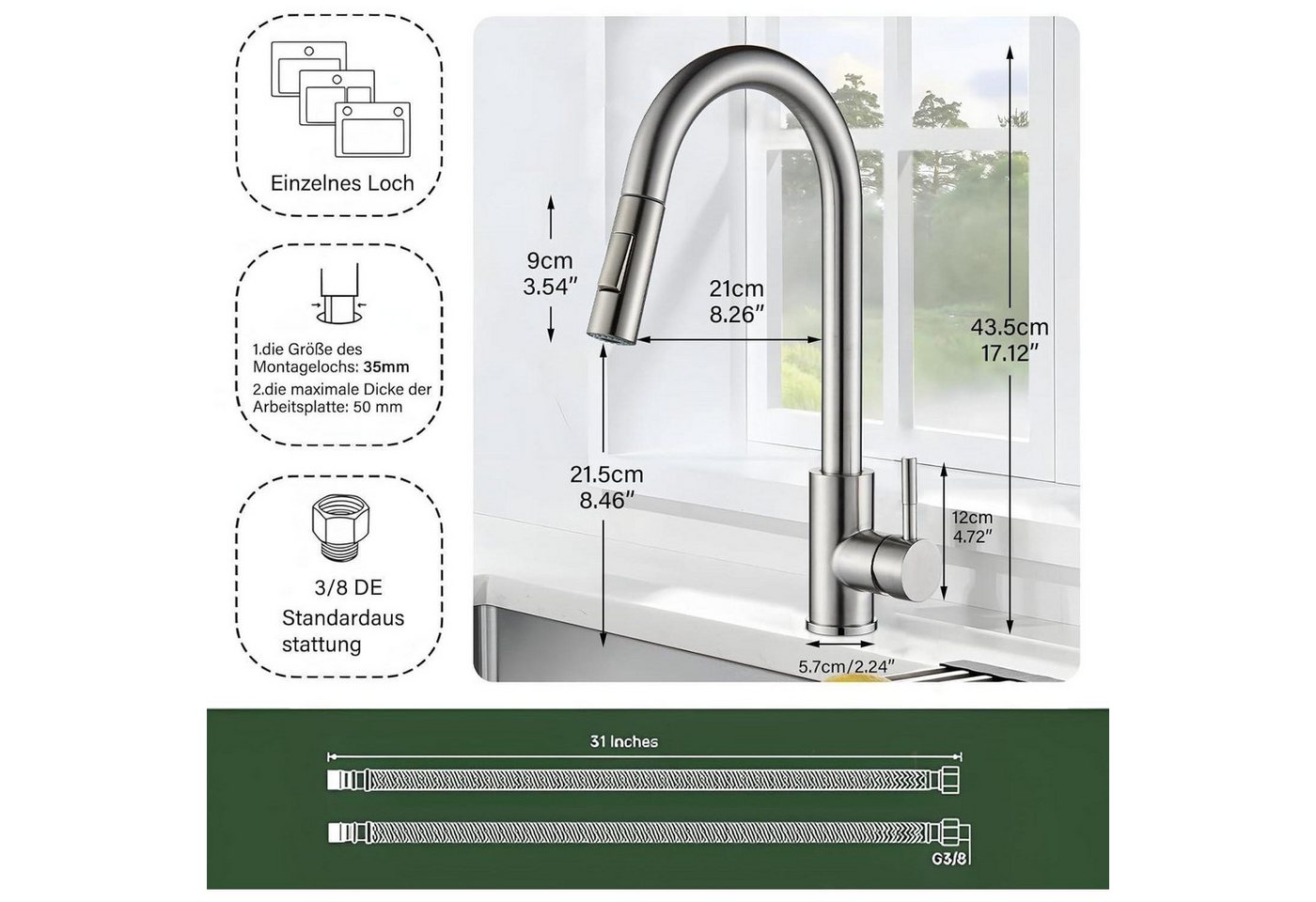 LuxusKollektion Küchenarmatur Küchenwasserhahn Ausziehbar Einhebel Edelstahl Gebürstet Chrom Bild 4