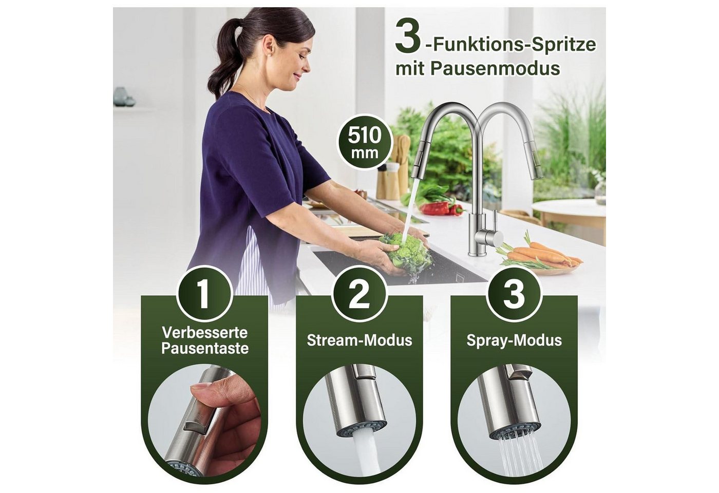 LuxusKollektion Küchenarmatur Küchenwasserhahn Ausziehbar Einhebel Edelstahl Gebürstet Chrom Bild 5
