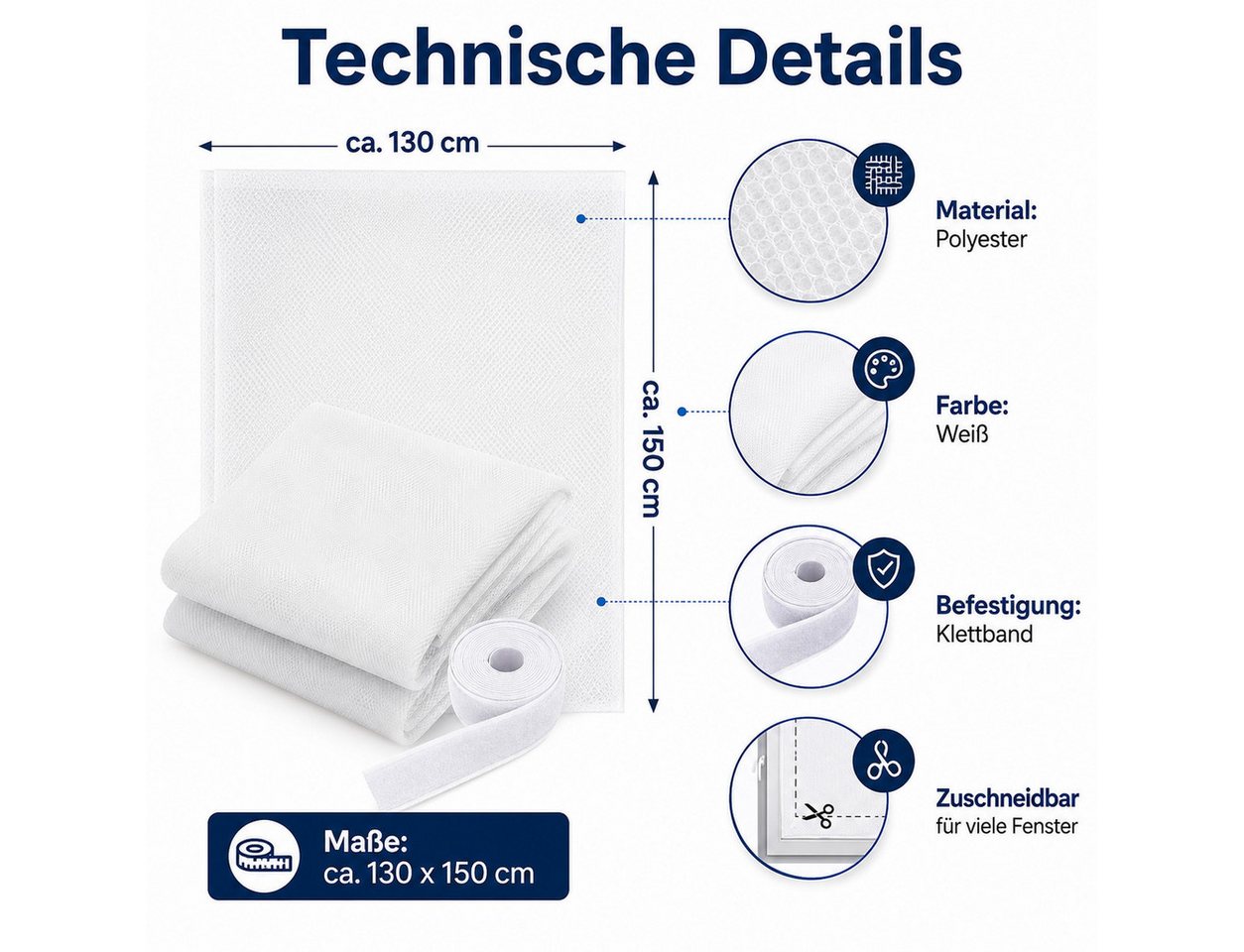 Testrut Fliegengitter-Gewebe Fliegengitter 130 x 150 cm Weiß mit Klettband, (1-St) Bild 2