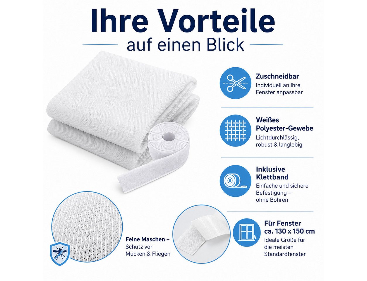Testrut Fliegengitter-Gewebe Fliegengitter 130 x 150 cm Weiß mit Klettband, (1-St) Bild 3