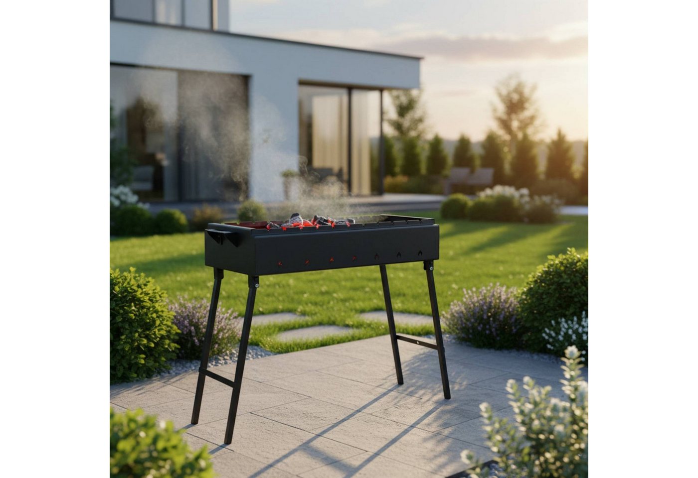 BIG-PAN Holzkohlegrill Klappbarer Grill 80 cm Stahl 2 mm 12 Edelstahlspieße Grillfächer BBQ, Edelstahlspießen Grillzange Schürhaken, Mangal Schaschlikgrill