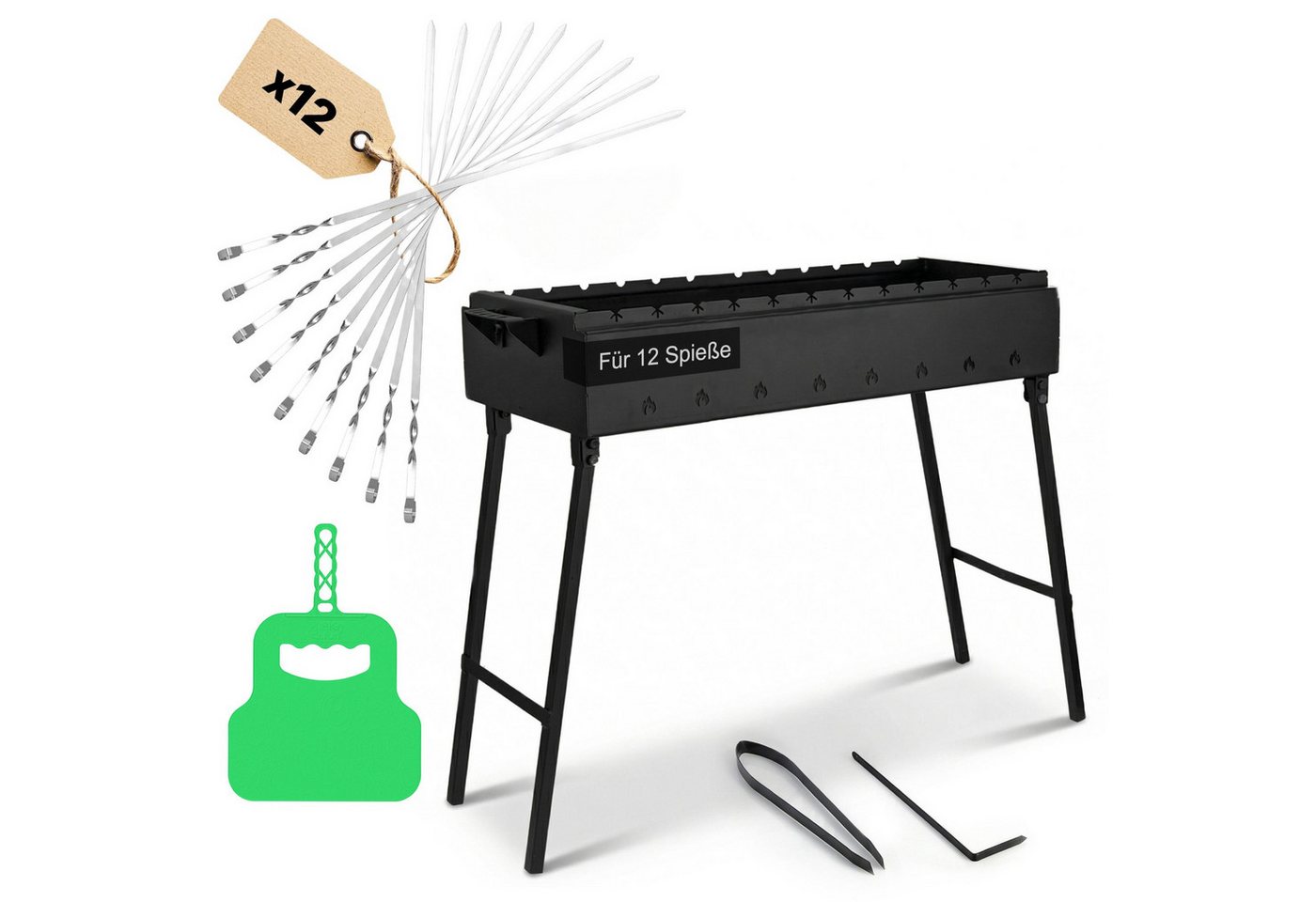 BIG-PAN Holzkohlegrill Klappbarer Grill 80 cm Stahl 2 mm 12 Edelstahlspieße Grillfächer BBQ, Edelstahlspießen Grillzange Schürhaken, Mangal Schaschlikgrill Bild 3