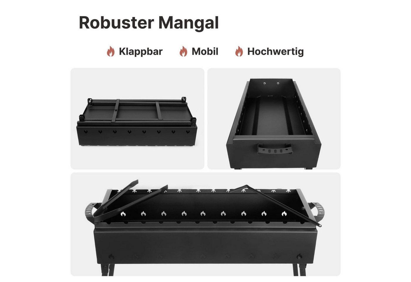 BIG-PAN Holzkohlegrill Klappbarer Grill 80 cm Stahl 2 mm 12 Edelstahlspieße Grillfächer BBQ, Edelstahlspießen Grillzange Schürhaken, Mangal Schaschlikgrill Bild 4