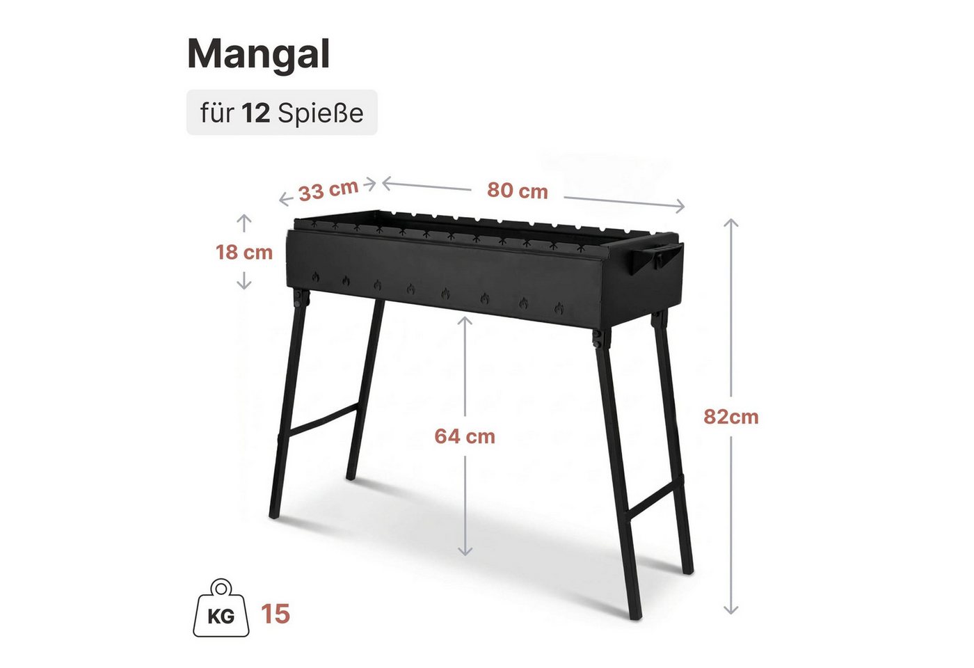 BIG-PAN Holzkohlegrill Klappbarer Grill 80 cm Stahl 2 mm 12 Edelstahlspieße Grillfächer BBQ, Edelstahlspießen Grillzange Schürhaken, Mangal Schaschlikgrill Bild 5