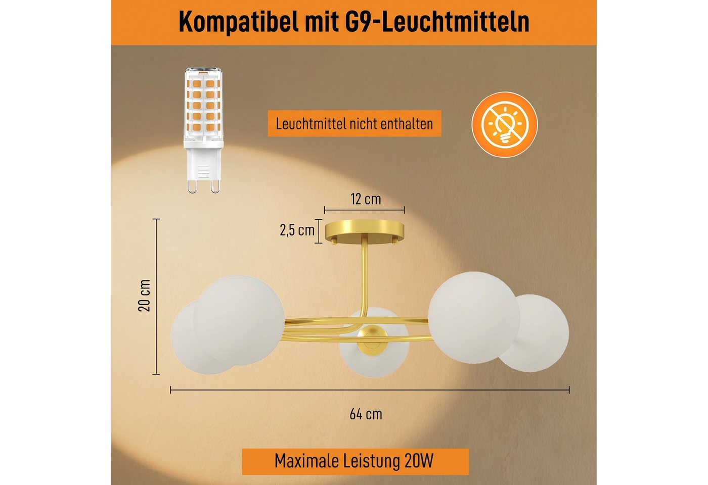 HOMCOM Deckenleuchte Deckenlampe mit 5 G9-Fassungen, ohne Leuchtmittel, 5-flammig, G9-Fassung, Ringdesign Bild 3