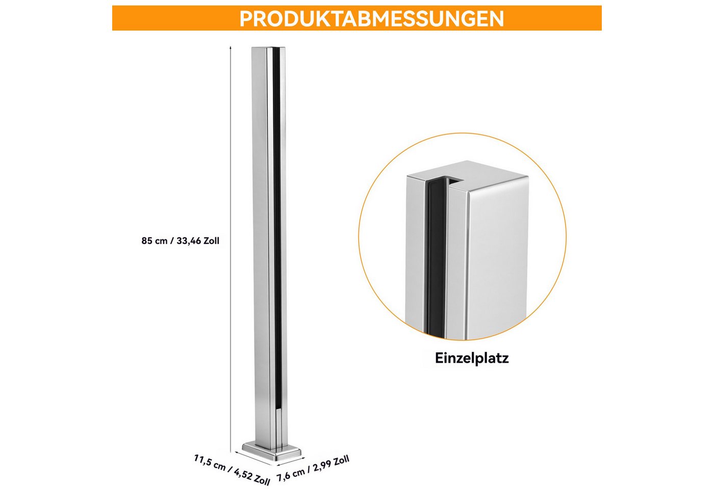 BlingBin Zaunpfosten Glasgeländerpfosten aus Edelstahl 304,Geländerpfosten mit Gebürstet, (1 Stück, 1-St., Einzel Schlitz, 85cm Höhe), Glasgeländer pfosten für 10-12mm Glas Mit Slots & Base