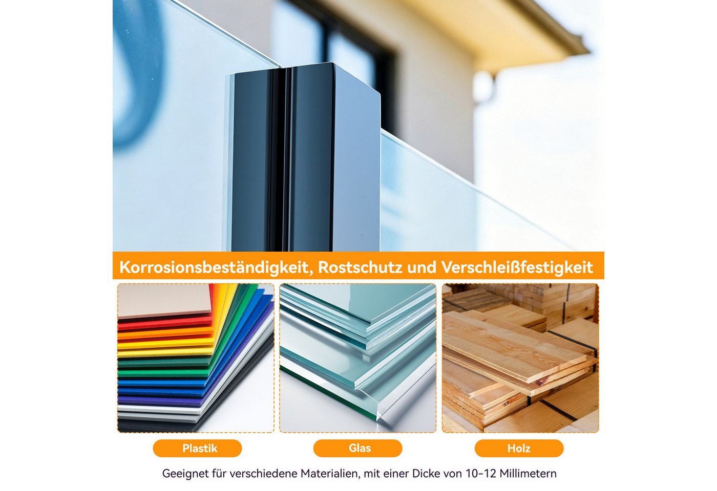 BlingBin Zaunpfosten Glasgeländerpfosten aus Edelstahl 304,Geländerpfosten mit Gebürstet, (1 Stück, 1-St., Einzel Schlitz, 85cm Höhe), Glasgeländer pfosten für 10-12mm Glas Mit Slots & Base Bild 3