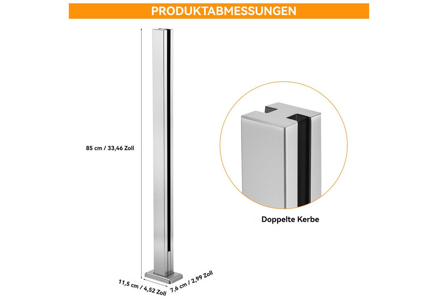 BlingBin Zaunpfosten Glasgeländerpfosten aus Edelstahl 304,Geländerpfosten mit Gebürstet, (1 Stück, 1-St., Doppelter Schlitz, 85cm Höhe), Glasgeländer pfosten für 10-12mm Glas Mit Slots & Base Bild 5