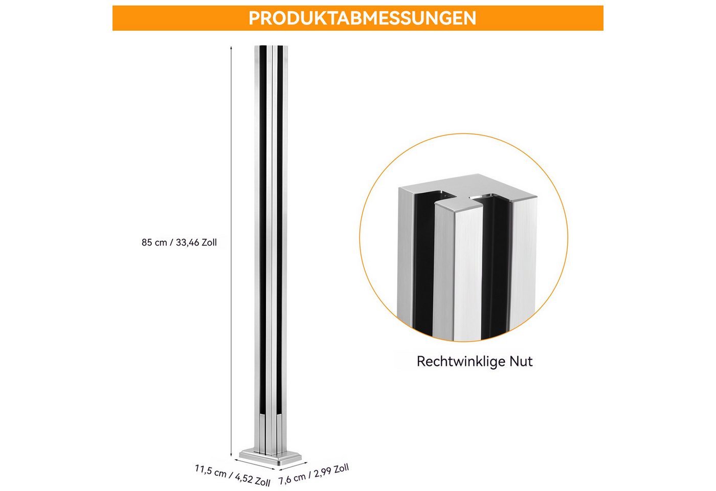 BlingBin Zaunpfosten Glasgeländerpfosten aus Edelstahl 304,Geländerpfosten mit Gebürstet, (1 Stück, 1-St., Rechtwinklig Schlitz, 85cm Höhe), Glasgeländer pfosten für 10-12mm Glas Mit Slots & Base